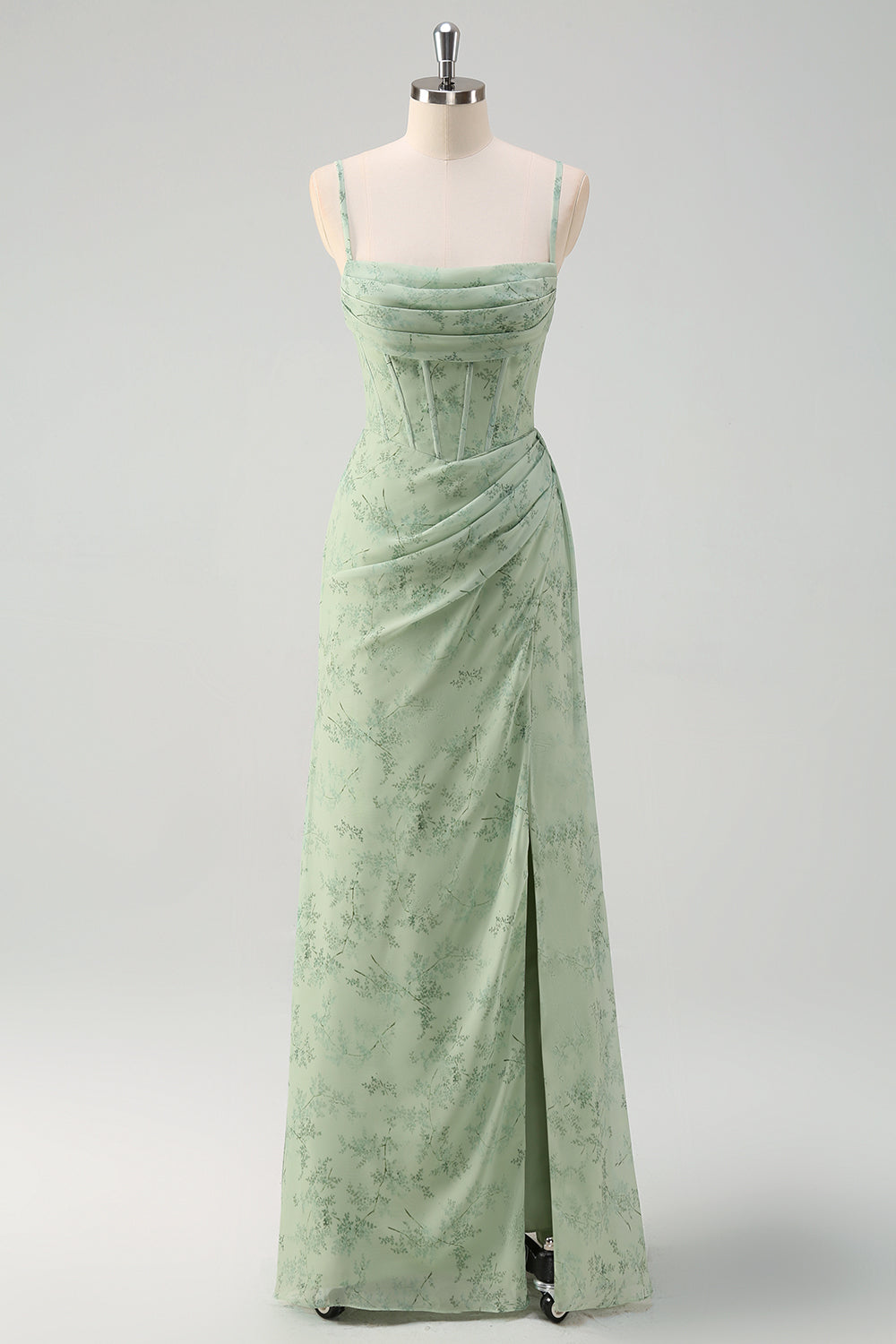 Isabeau Corset Chiffon Gown - Dusty Sage Floral