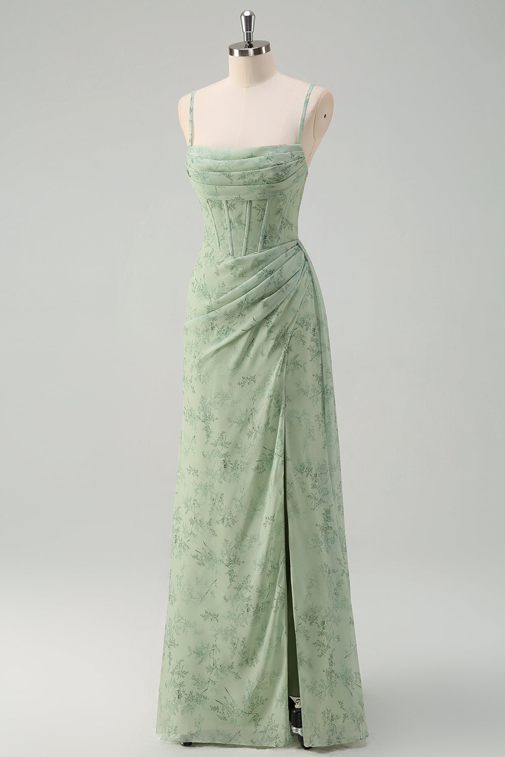 Isabeau Corset Chiffon Gown - Dusty Sage Floral