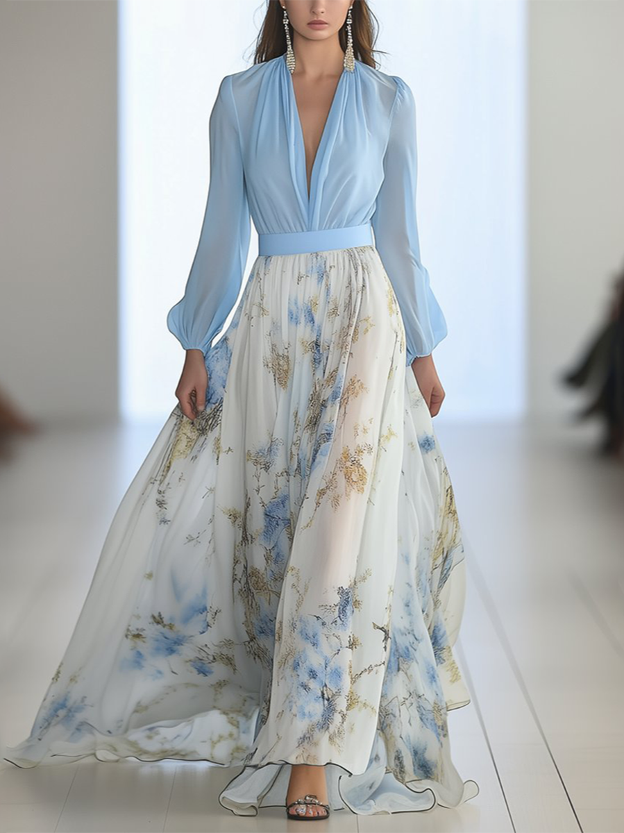 Blue wrap maxi dress with floral cream skirt and gathered sleeves for women