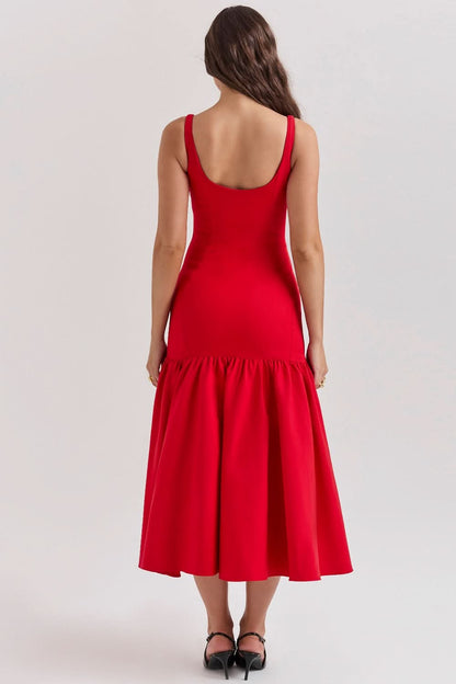 Red ruffle midi dress back view with scoop neckline and voluminous ruffled hem