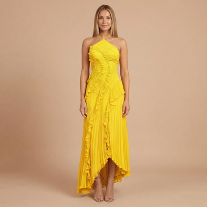 Bright yellow halter midi dress with cascading ruffle pleats