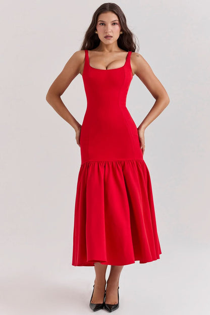 Red sleeveless ruffle midi dress front detail showing fitted bodice and layered skirt