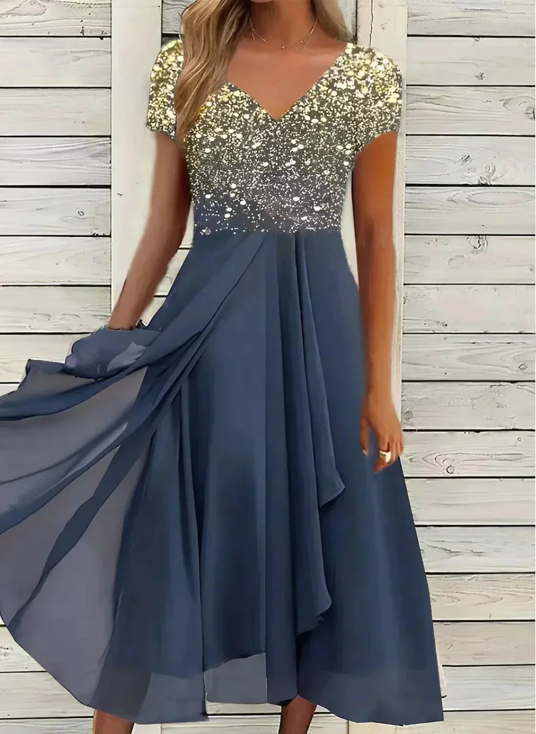 Gold sequin midi dress with v-neck and navy flowing chiffon skirt
