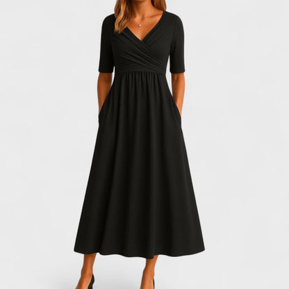 Black wrap midi dress with elbow sleeves and A-line skirt