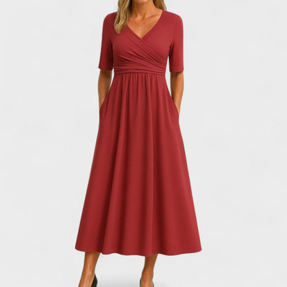 Burgundy wrap midi dress with elbow sleeves and gathered waist