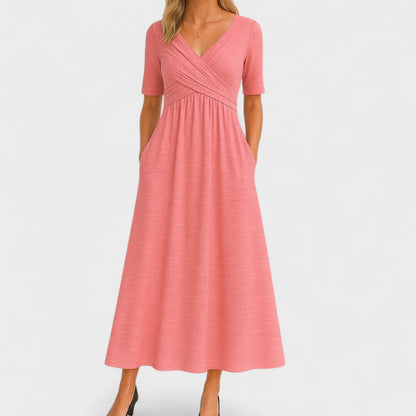Coral pink wrap midi dress with half sleeves and side pockets