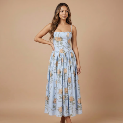 Spaghetti strap corset midi dress with yellow rose print on light blue
