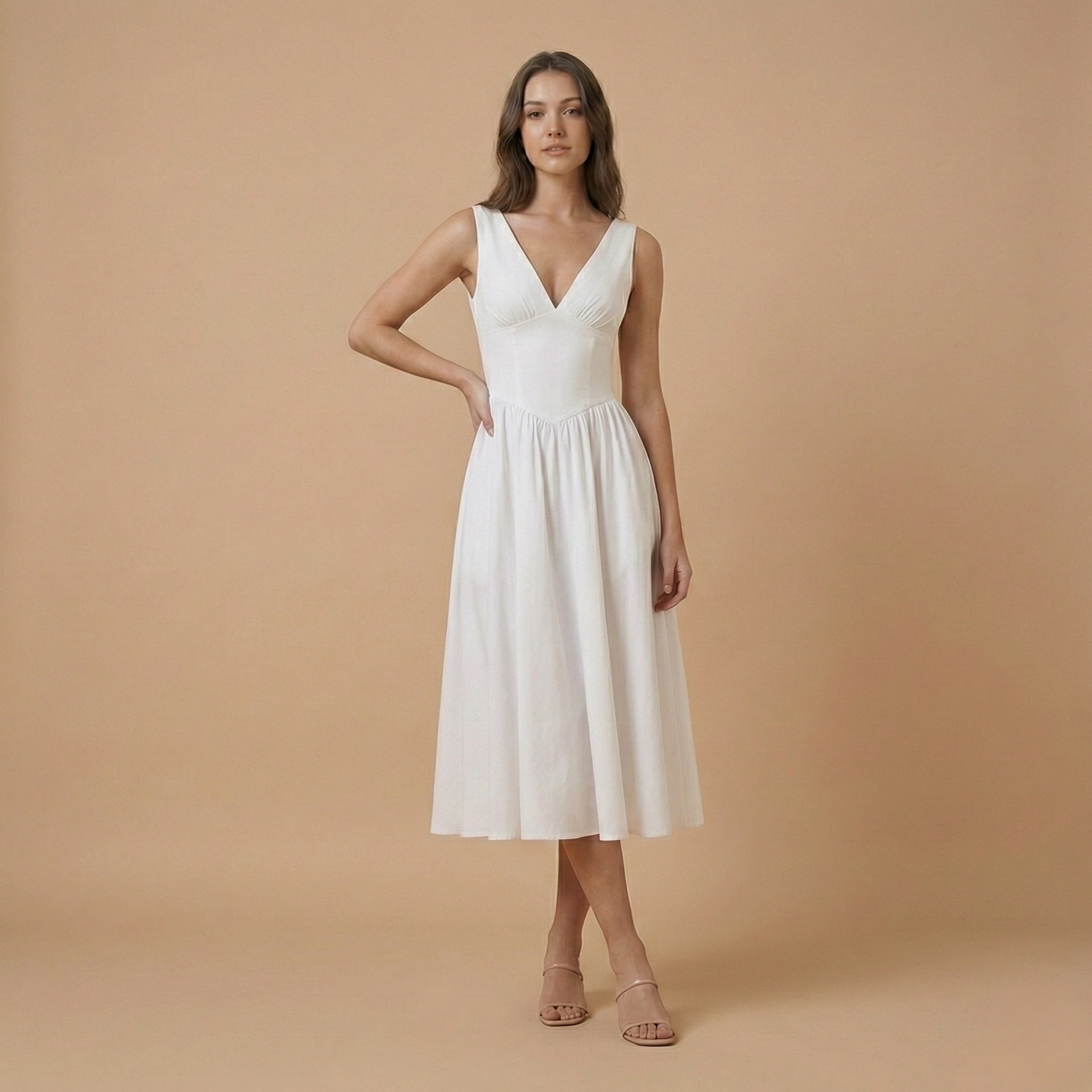 Cream white A-line midi dress with deep V-neckline and flowing skirt