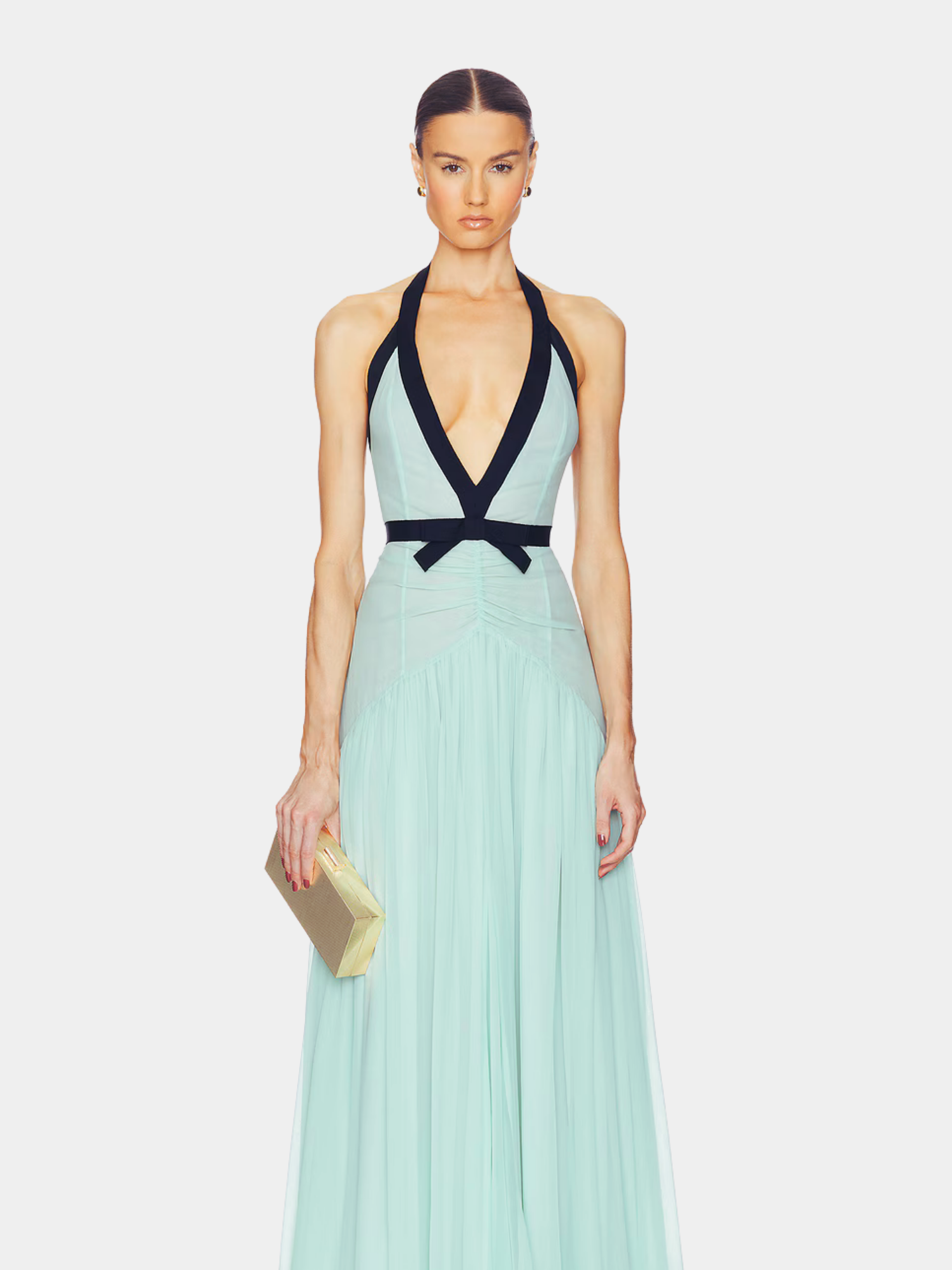 Mint green halter maxi dress with deep V-neckline and black trim