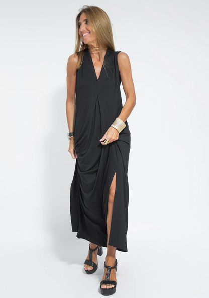 Black sleeveless draped maxi dress with deep V-neckline