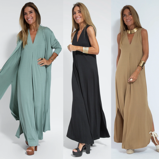 Sage green draped maxi dress with long sleeves and flowing silhouette