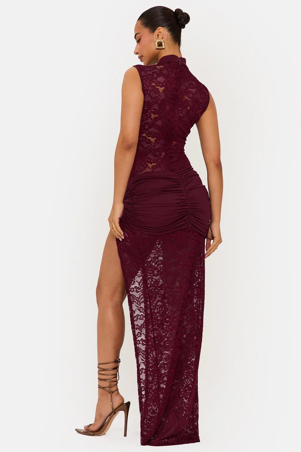 Back view burgundy lace maxi dress with ruched waist and slit