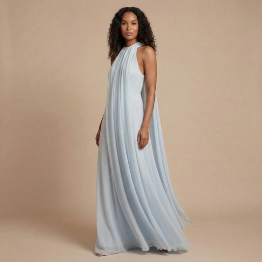 Blue halter pleated maxi dress with flowing chiffon front drape for women