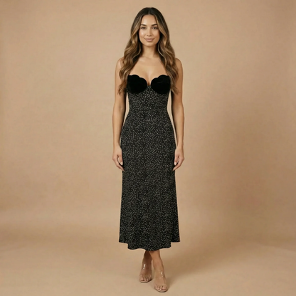 Black polka dot midi dress with sweetheart neckline and fitted bodycon silhouette for women