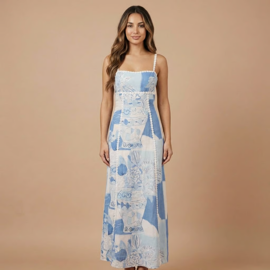 Blue and white toile printed maxi dress with square neckline and sleeveless straps for women