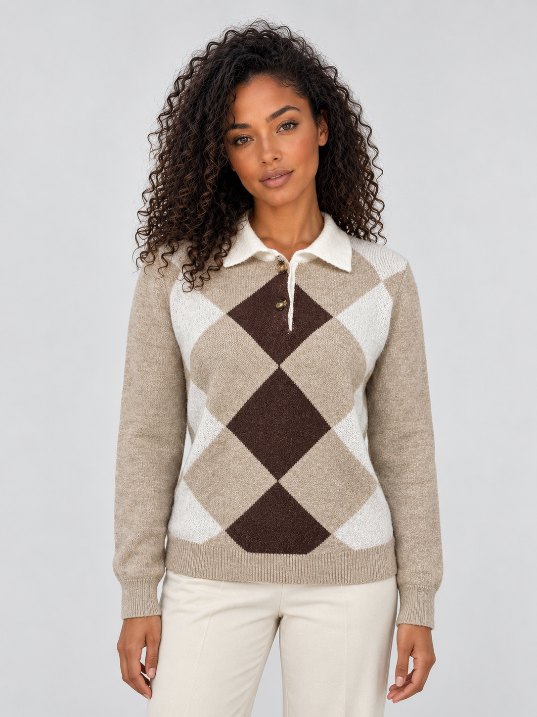 Ishani Collared Argyle Sweater - Beige