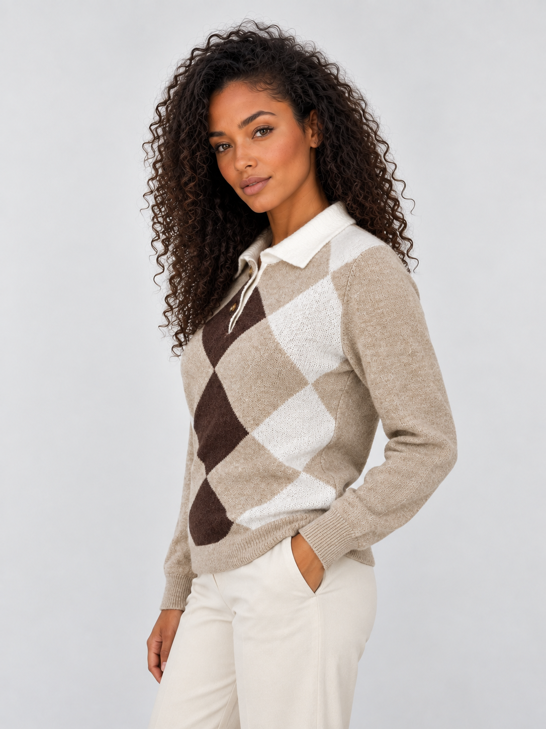 Ishani Collared Argyle Sweater - Beige