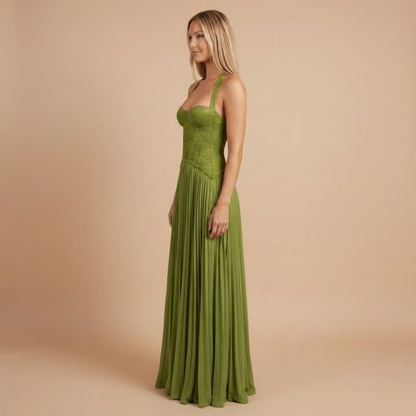 Side view of sage green formal corset maxi dress with spaghetti straps for women