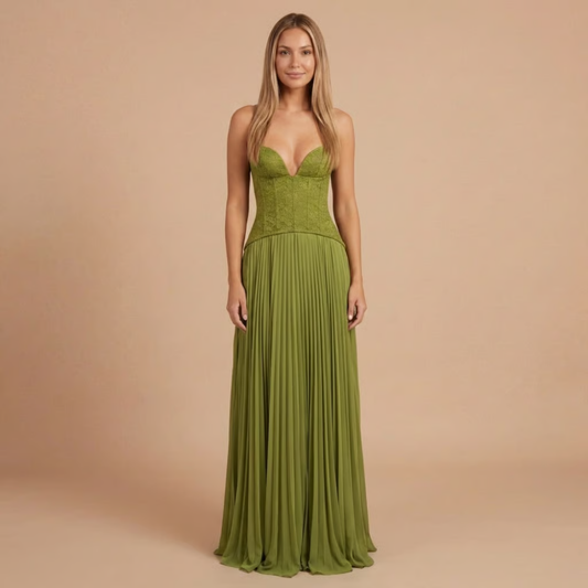 Sage green formal maxi dress with sweetheart neckline and pleated skirt for women