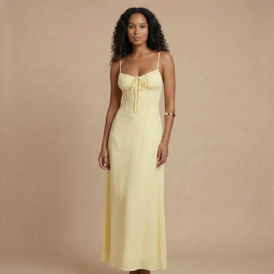 Pale yellow sweetheart maxi dress with spaghetti straps and tie-front detail for women