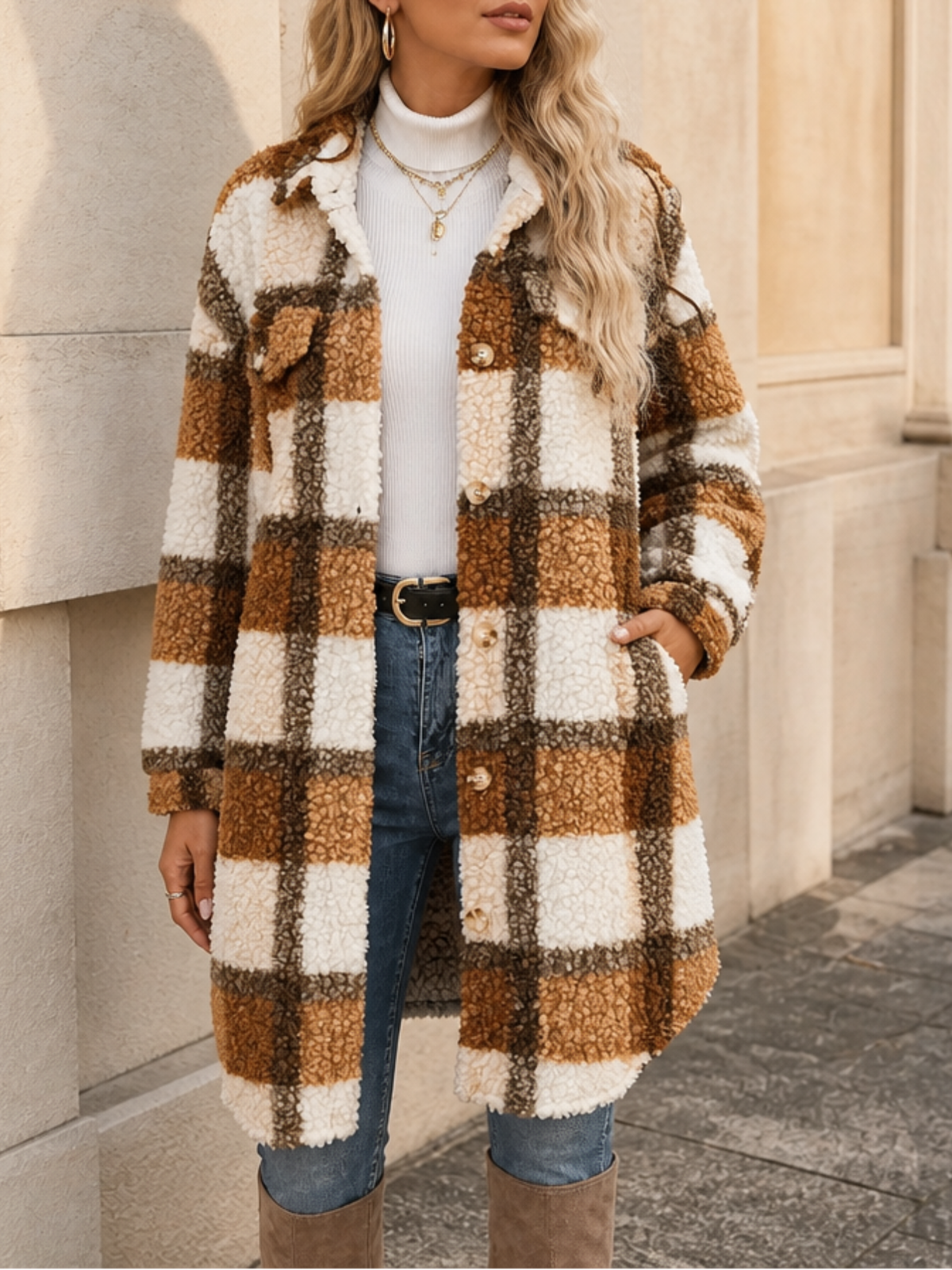 Ismay Plaid Sherpa-Lined Coat - Dark Brown