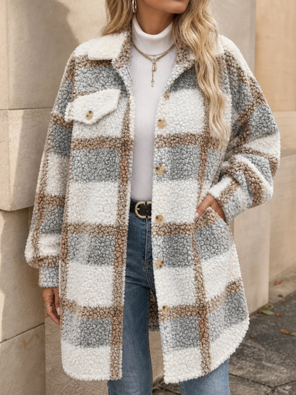 Ismay Plaid Sherpa-Lined Coat - Light Gray