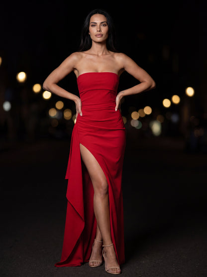 Isola Strapless Ruched Maxi Dress - Red