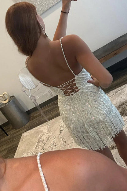 Jaclyn Sequin Fringe Mini Dress - Ivory