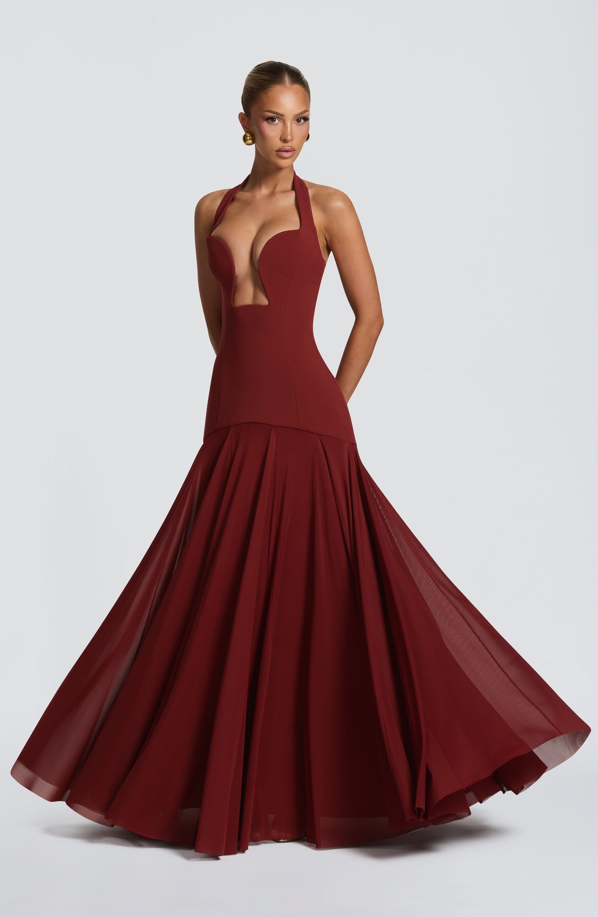 Jada Mesh Plunge Maxi Dress - Red