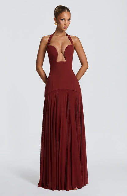 Jada Mesh Plunge Maxi Dress - Red