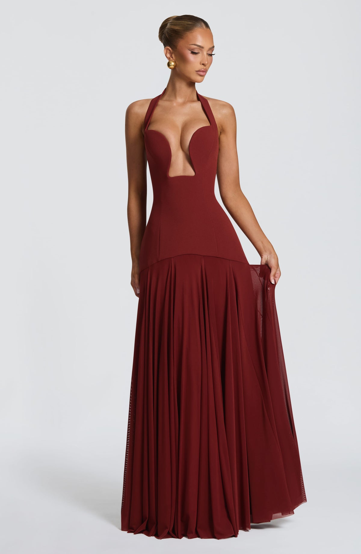 Jada Mesh Plunge Maxi Dress - Red