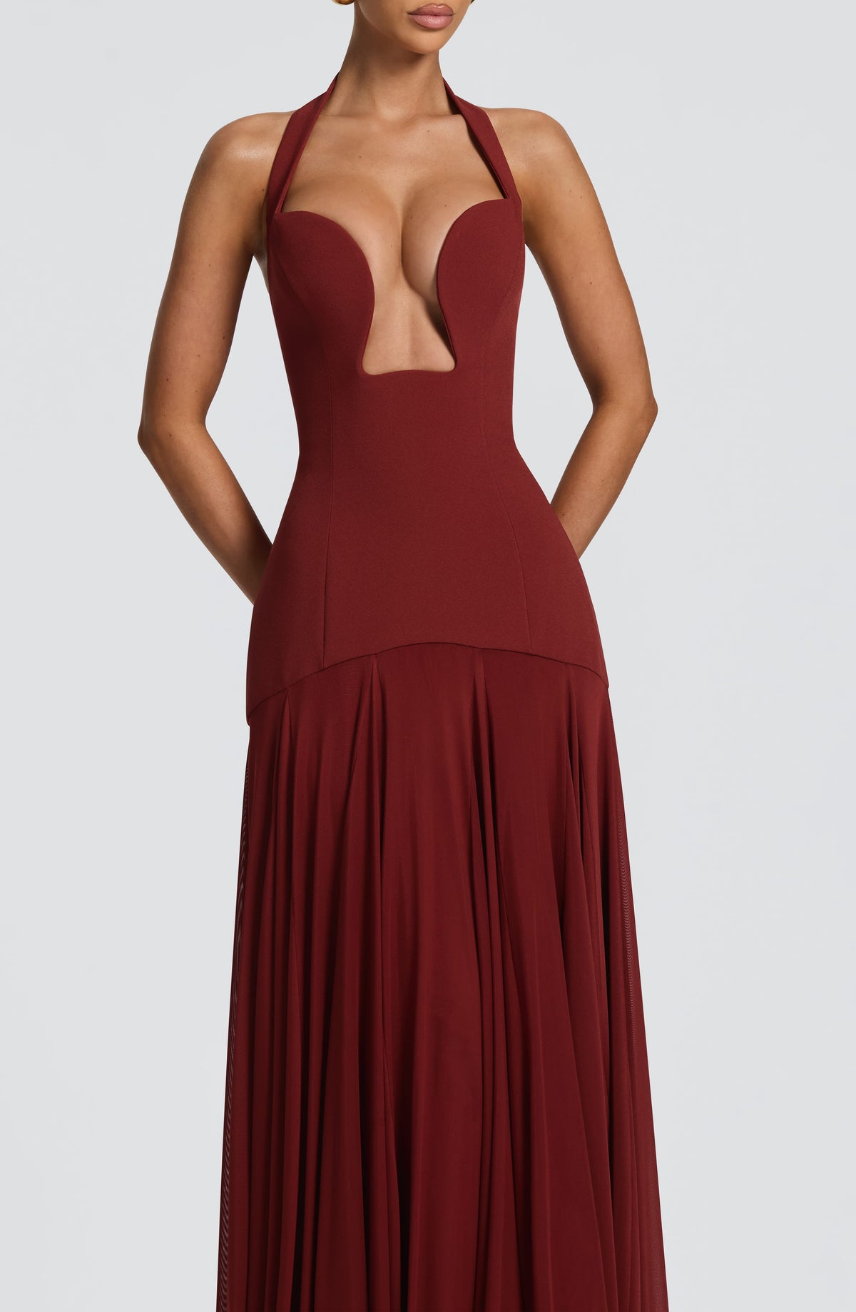 Jada Mesh Plunge Maxi Dress - Red