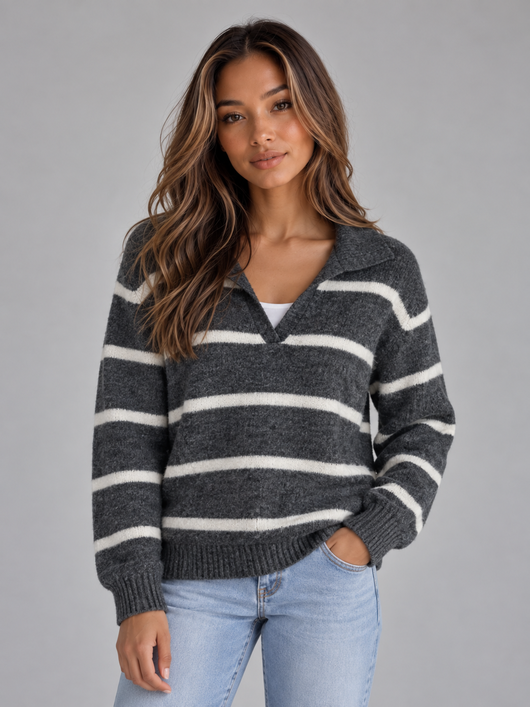 Janika Collared Striped Sweater - Dark Gray