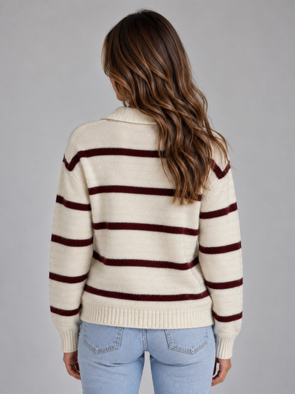 Janika Collared Striped Sweater - Ivory and Burgundy Stripe