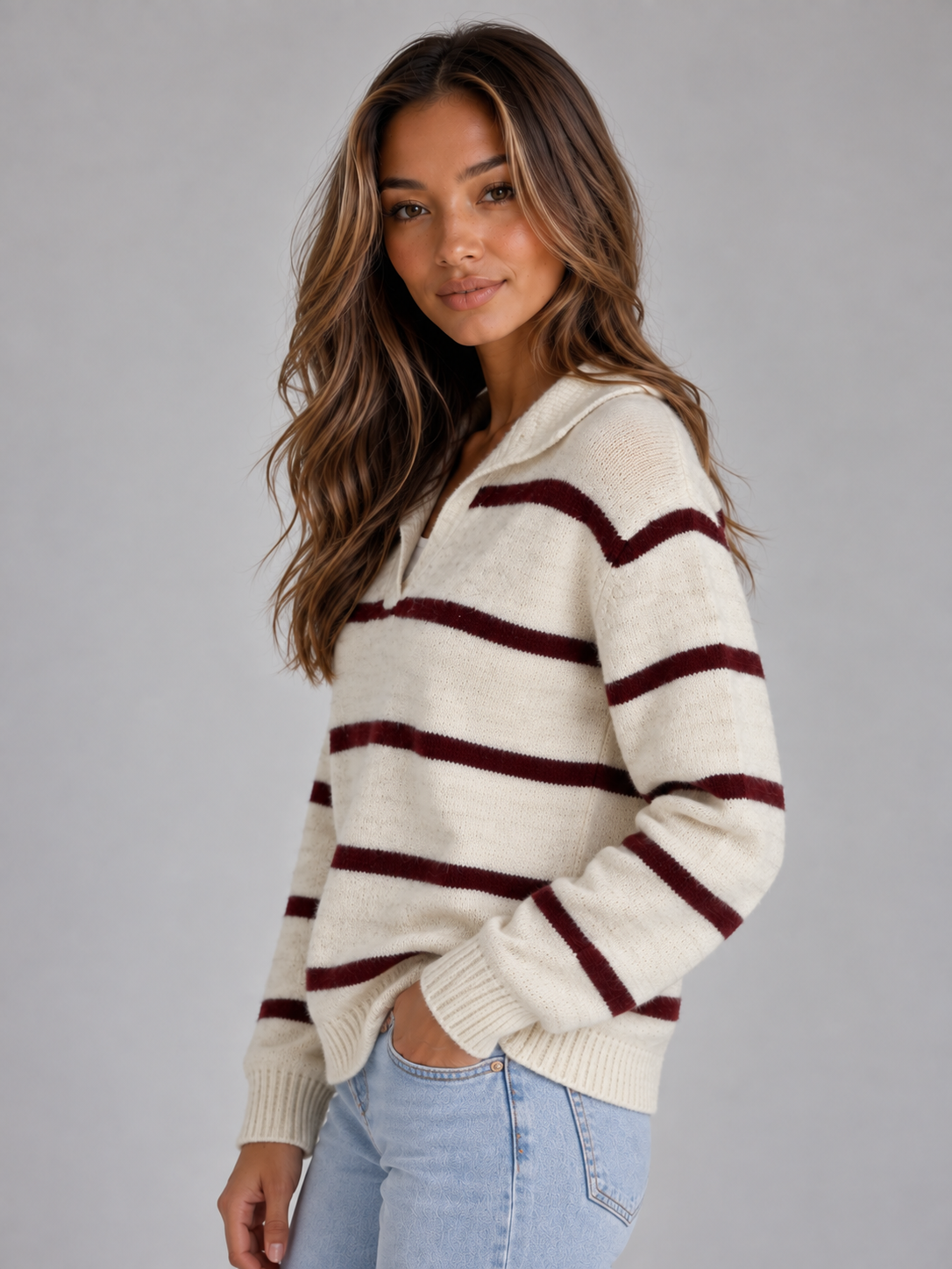 Janika Collared Striped Sweater - Ivory and Burgundy Stripe