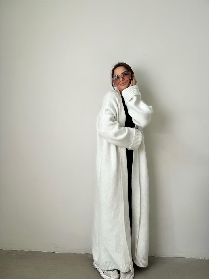 Janine Oversized Longline Cable Knit Cardigan - White