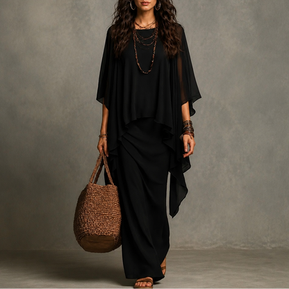 Jardena Cape Sleeve Layered Maxi Dress - Black