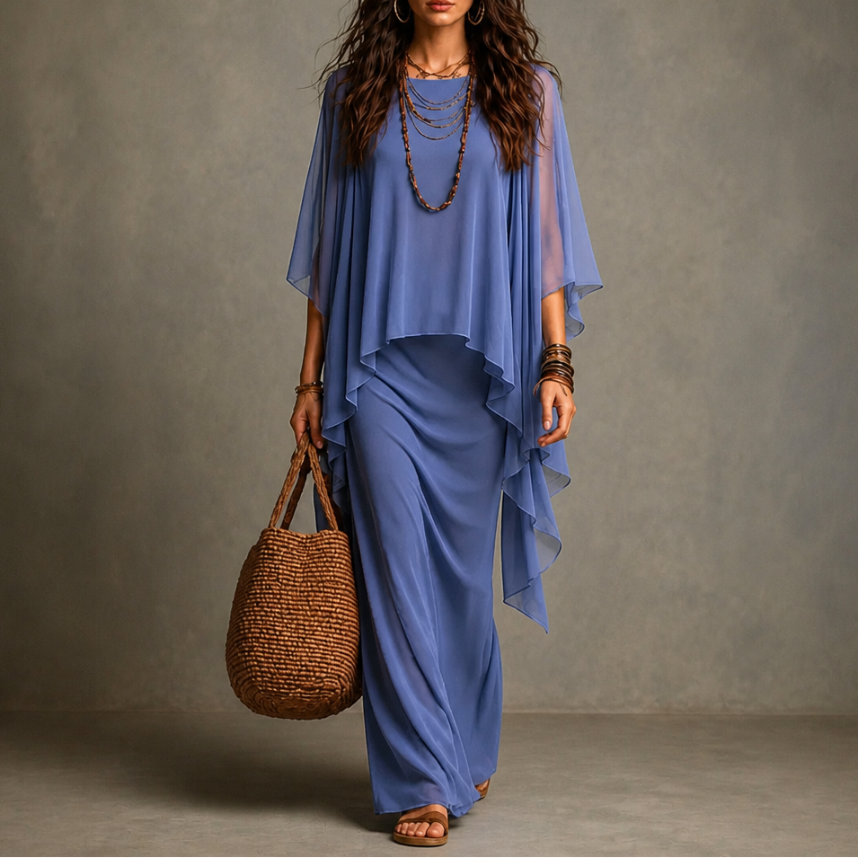 Jardena Cape Sleeve Layered Maxi Dress - Cornflower Blue