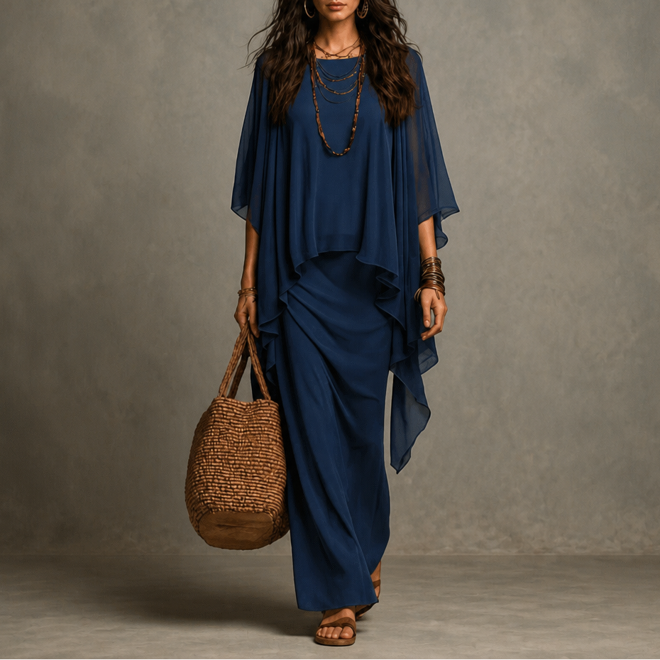 Jardena Cape Sleeve Layered Maxi Dress - Navy Blue