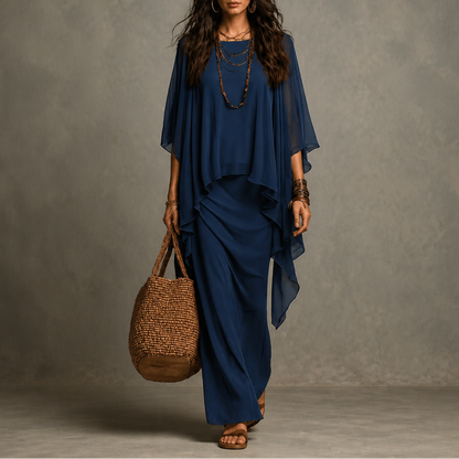 Jardena Cape Sleeve Layered Maxi Dress - Navy Blue