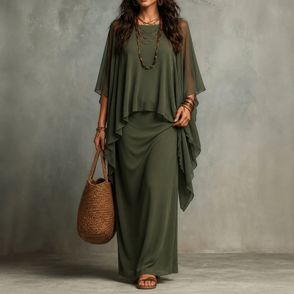 Jardena Cape Sleeve Layered Maxi Dress - Olive Green