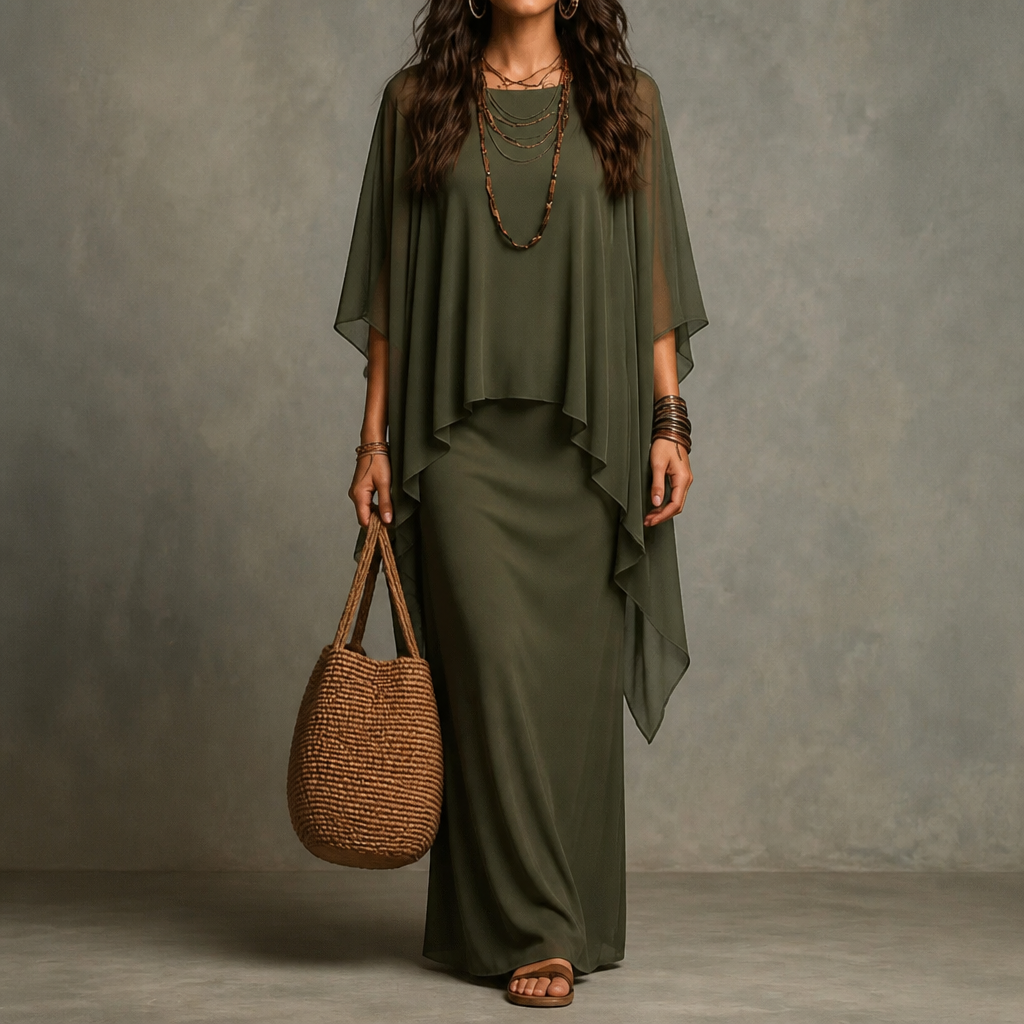 Jardena Cape Sleeve Layered Maxi Dress - Olive Green