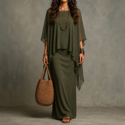 Jardena Cape Sleeve Layered Maxi Dress - Olive Green