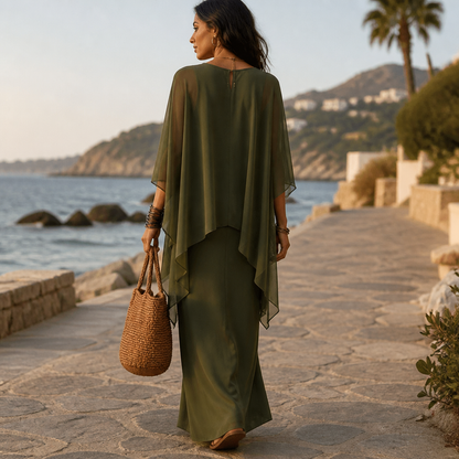 Jardena Cape Sleeve Layered Maxi Dress - Olive Green