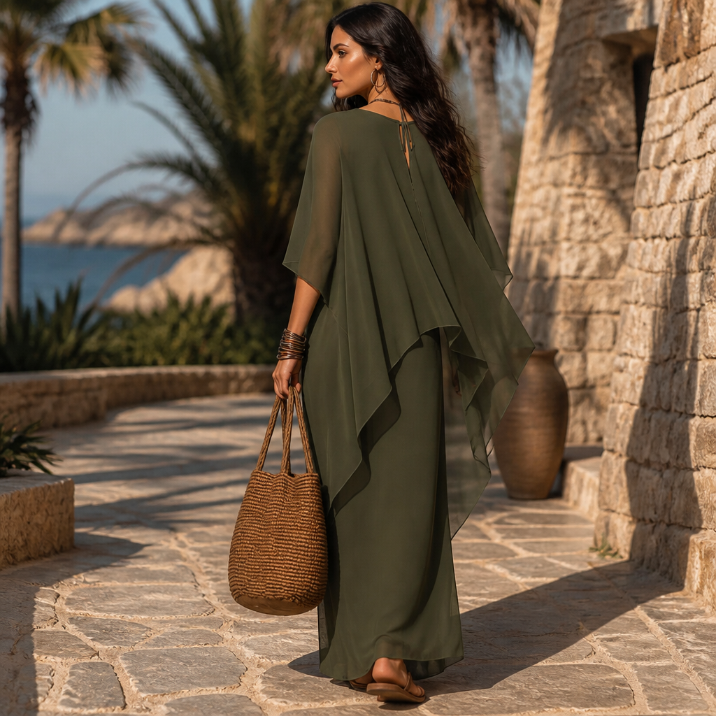 Jardena Cape Sleeve Layered Maxi Dress - Olive Green