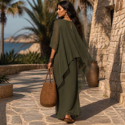 Jardena Cape Sleeve Layered Maxi Dress - Olive Green