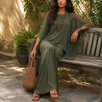 Jardena Cape Sleeve Layered Maxi Dress - Olive Green