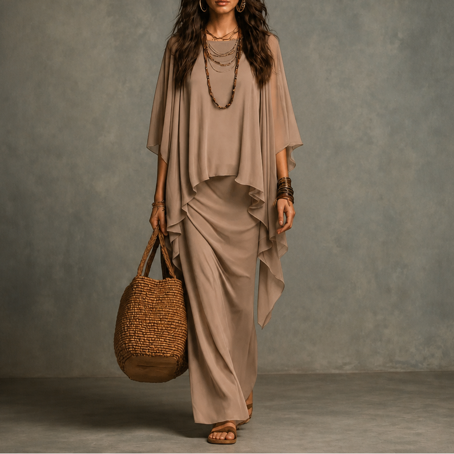 Jardena Cape Sleeve Layered Maxi Dress - Taupe