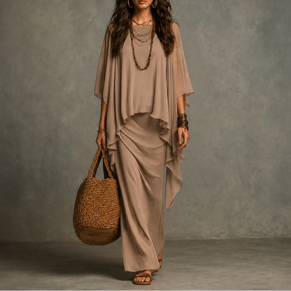 Jardena Cape Sleeve Layered Maxi Dress - Taupe