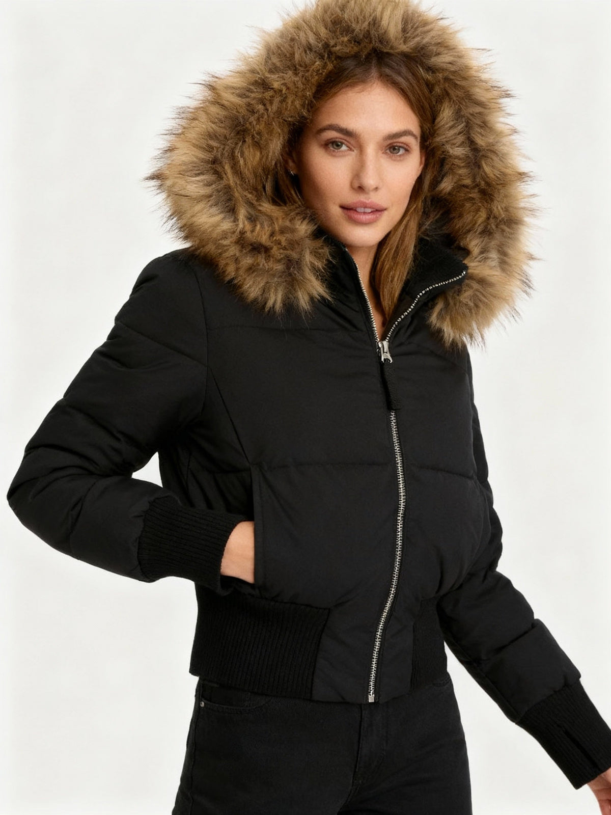Jaslyn Faux Fur Hooded Puffer Jacket - Black